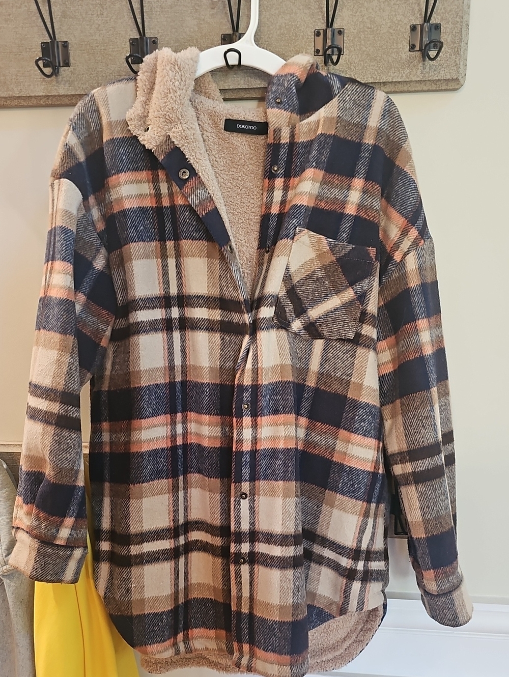 Plaid Teddy-Lined Shacket - Navy & Beige